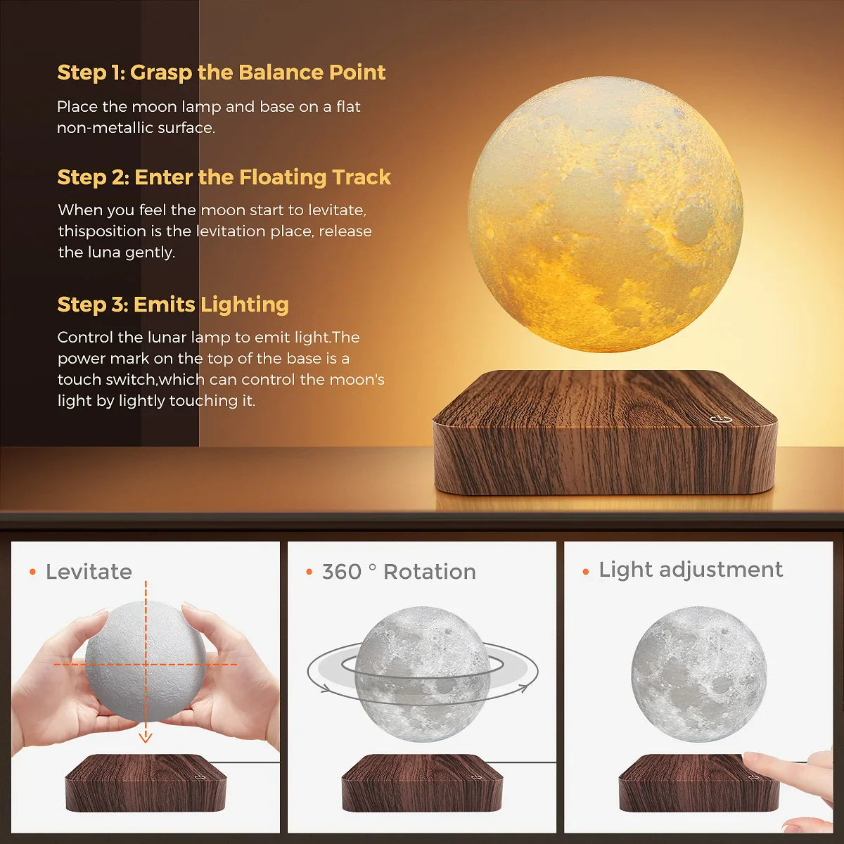 GLOWEEVEE Levitating Moon Table Lamp, Magnetic Floating Night Light